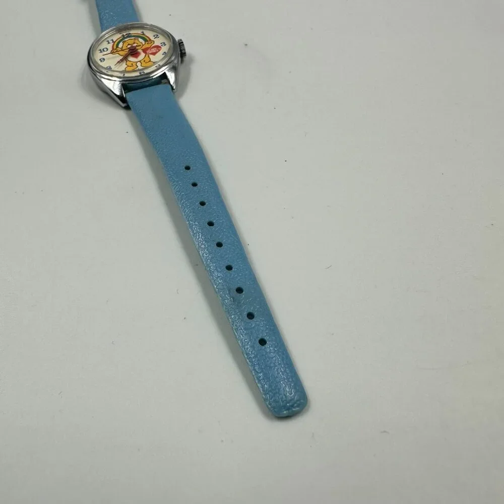 Vintage Bradley Care Bears Watch Kids Silver Tone Blue Leather Band Manual Wind